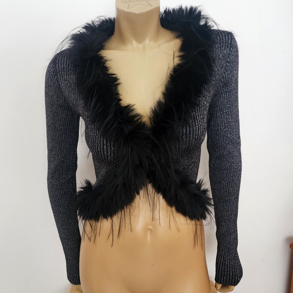 SHEIN Black Ribbed Knit Cardigan with Faux-Fur Trim
